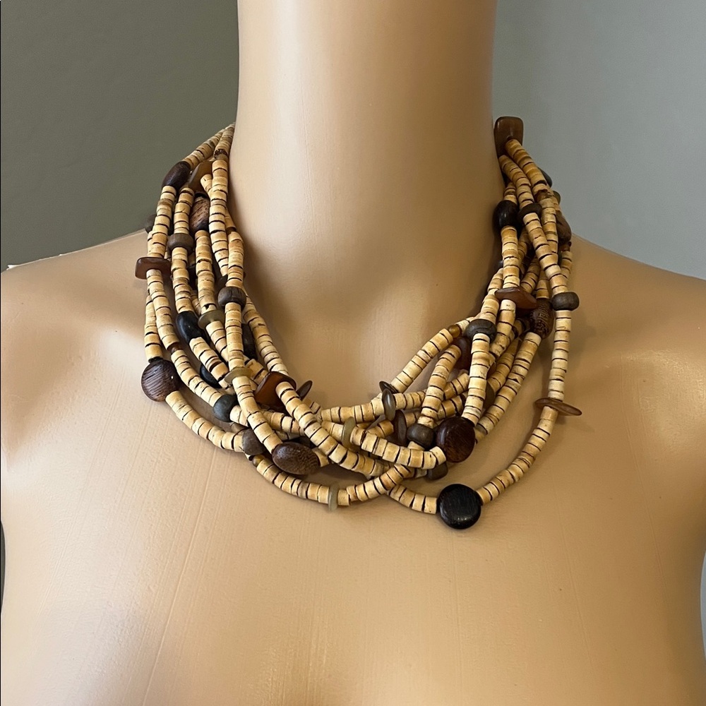 Natural Multi-Strand Wood Bead Necklace in Tan and Brown